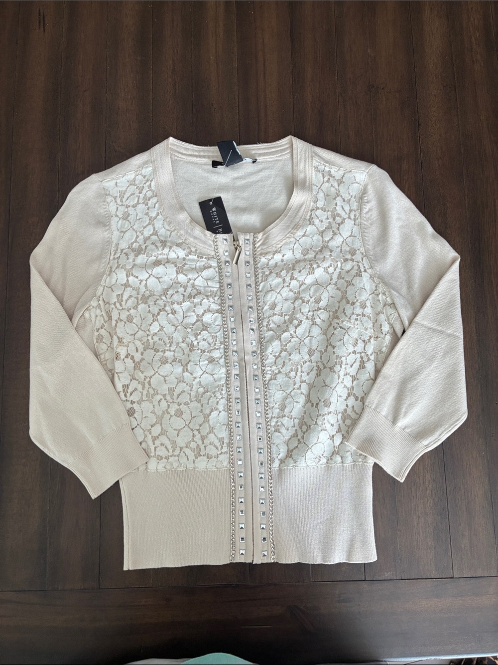 White House Black Market Ivory Lace-Front Zip Cardigan